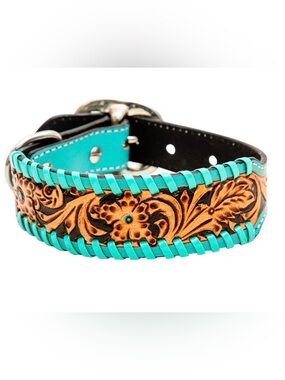 MYRA ACETY HAND-TOOLED LEATHER DOG COLLAR TURQUOISE BUCKSTITCH LARGE 18”-22”